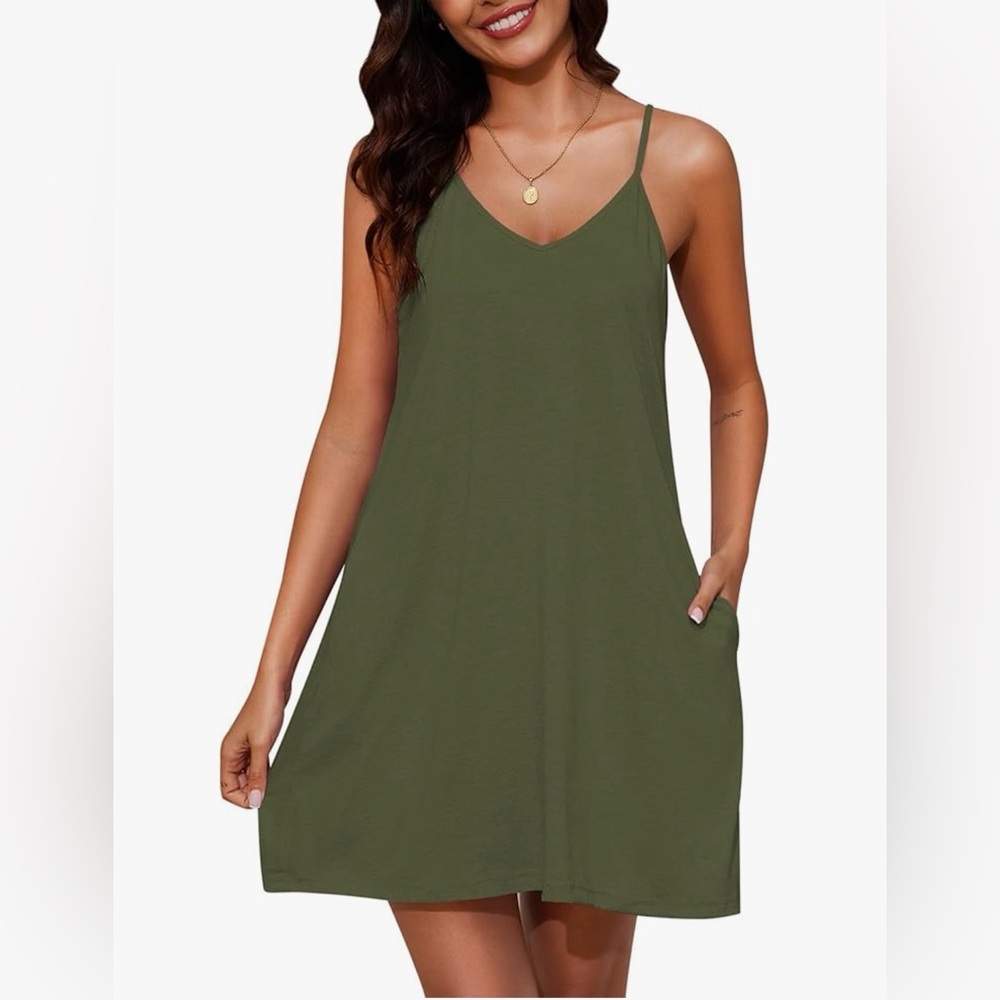 Olive Green V-Neck Slip Dress with Pockets - Women Intimates & Sleepwear